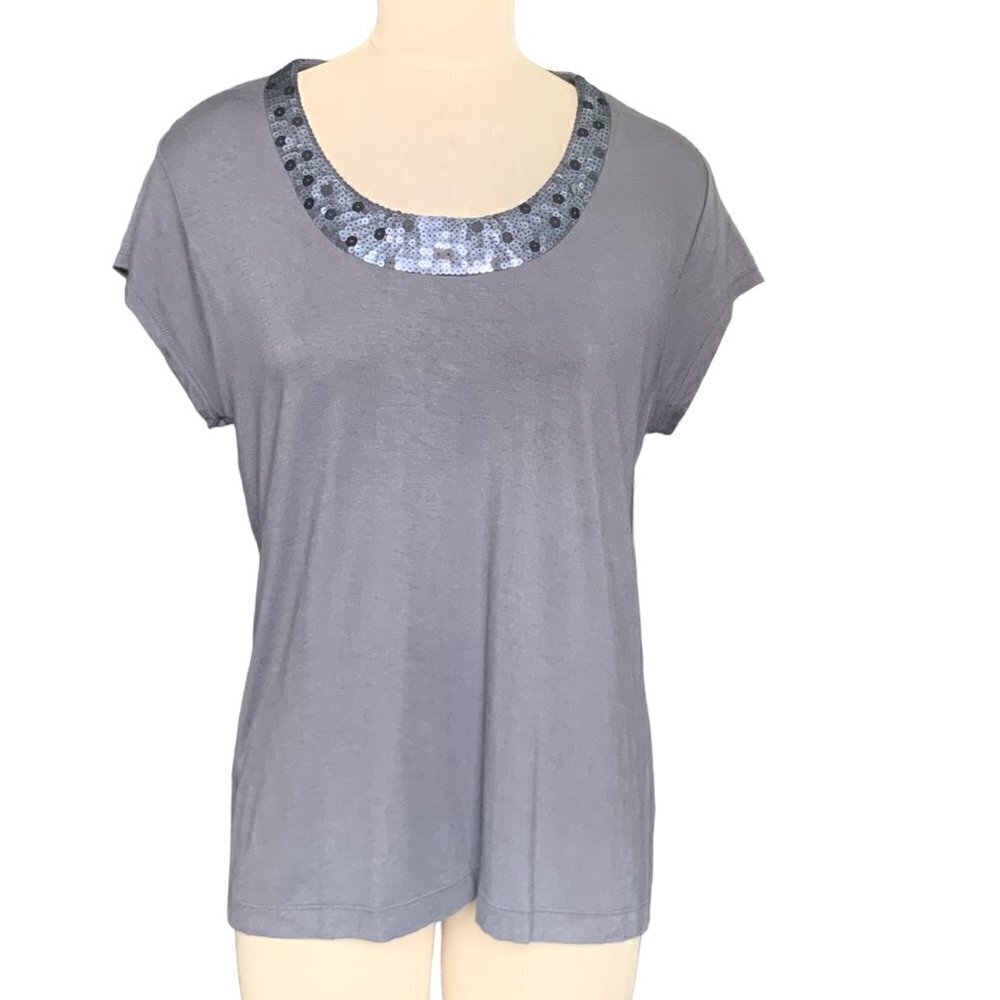 Chico's Sequin Neck Top Sz 2 L/12 Gray #140C‎